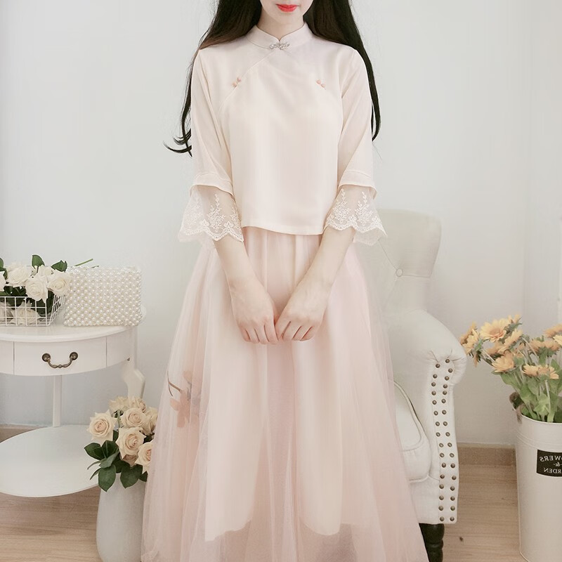 古代服装女学生成人改良汉服连衣裙女夏装新款初中高中长裙子套装粉色