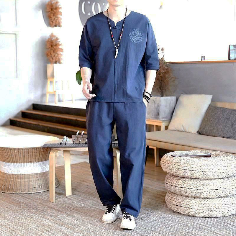 麻料麻布衣服男套装棉麻男士一套男士中国风棉麻宽松盘扣5分袖t恤灯笼