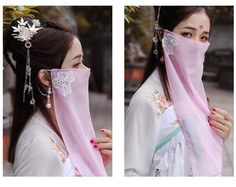 汉服面纱汉服配饰新款古装电视剧白面纱仙女侠女公主遮面纱古风粉红色