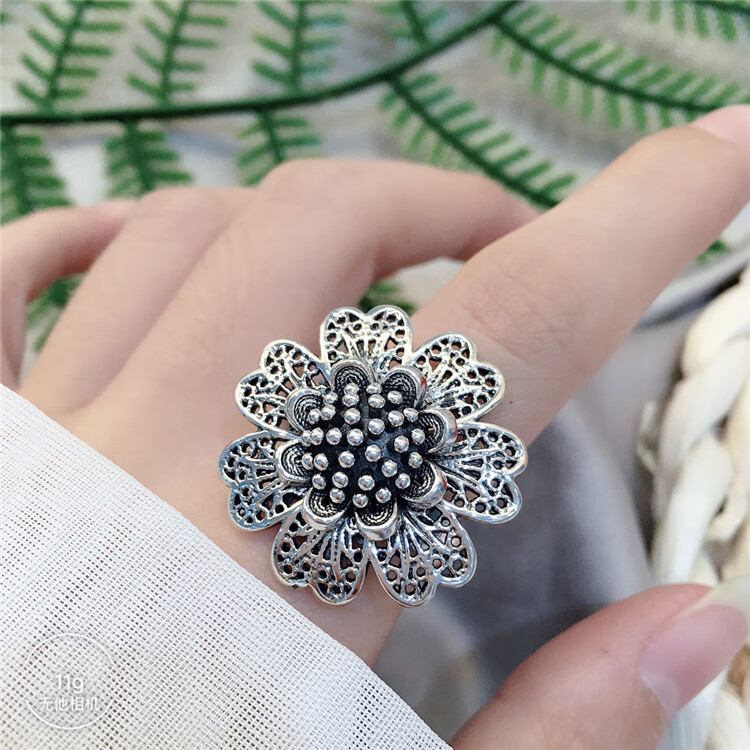 s990足银复古雏菊戒指转运花朵手工掐丝立体开口指环个性女民族风雏菊