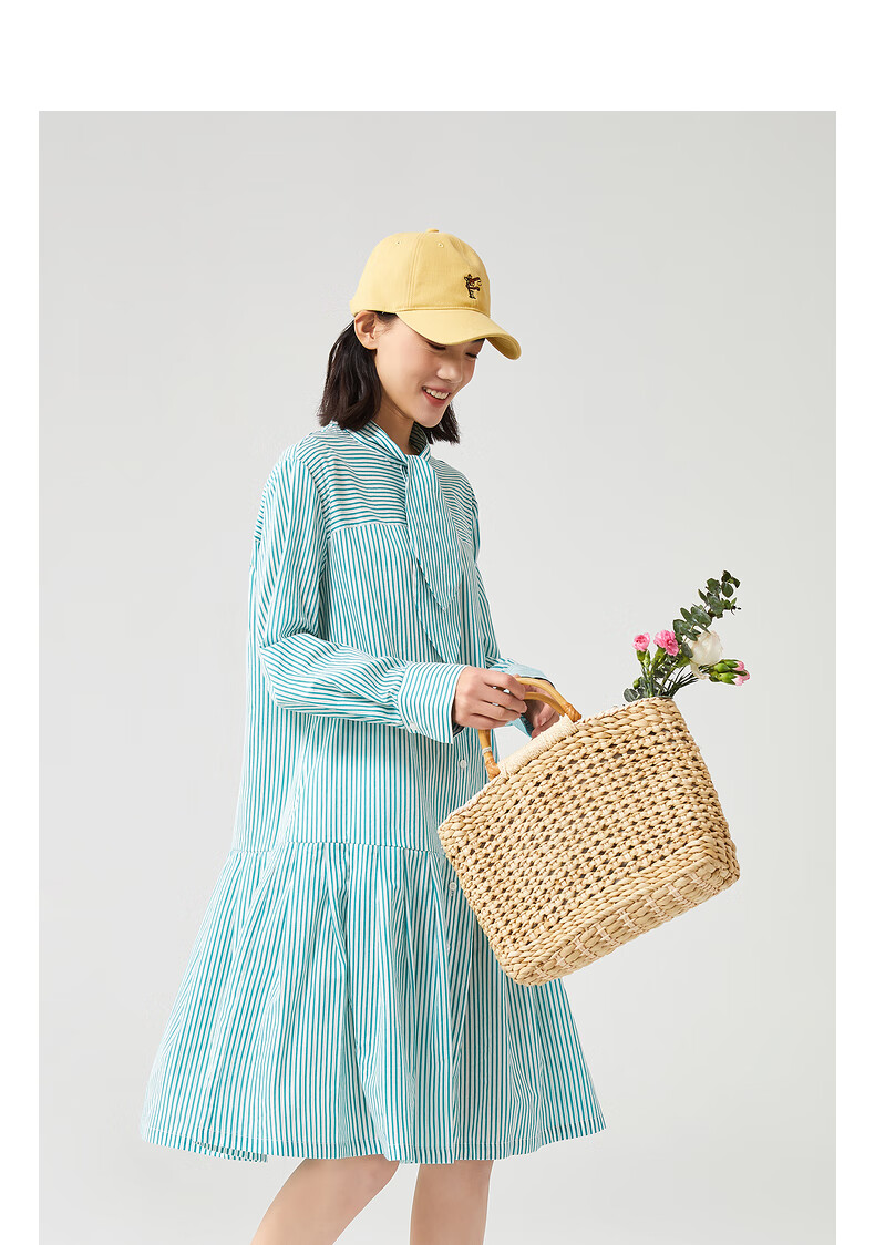 飞鸟和新酒长袖条纹连衣裙女2022春季新款宽松显瘦开襟短裙 条纹中黄
