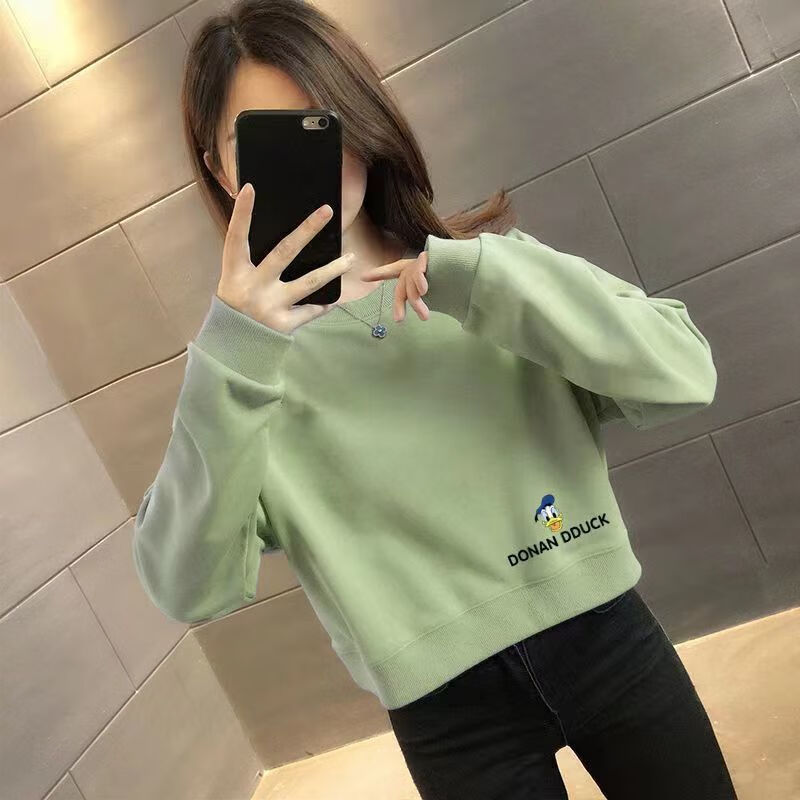 适合矮小个子女生穿的高腰短款长袖秋装卫衣女早秋短款无帽卫衣女装小