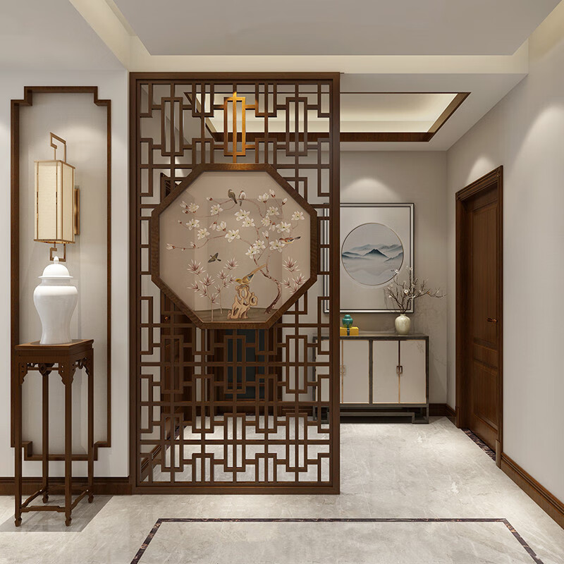 5折新中式屏风隔断墙客厅花格现代实木格栅移动遮挡玄关柜入户办公室