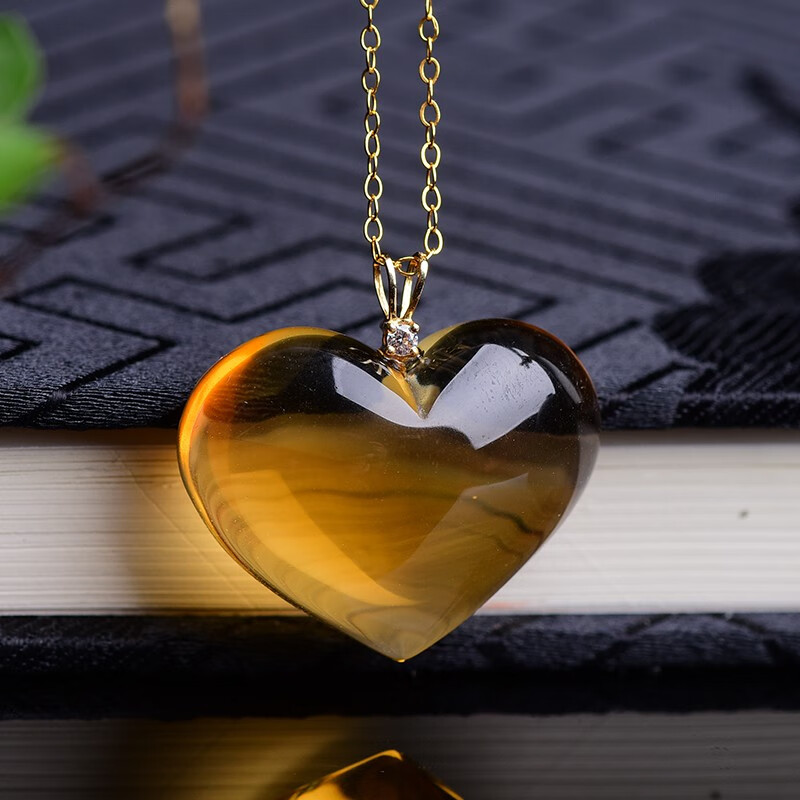 梓瑞珠宝天然水晶巴西黄水晶永恒的心全净体心形吊坠财富水晶附带项链