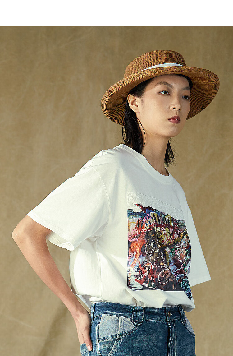 donoratico/达衣岩夏装2021年新款洋气贴布绣大廓型圆领短袖t恤 孤帆