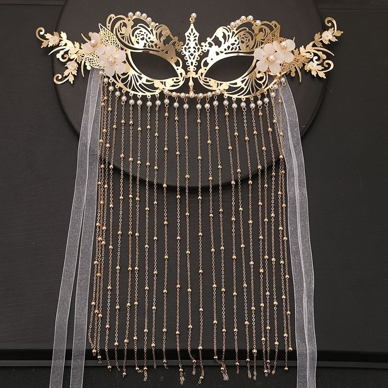 复古风汉服面具装造型面帘女写真流苏超仙女遮面金色头饰品配饰 复古