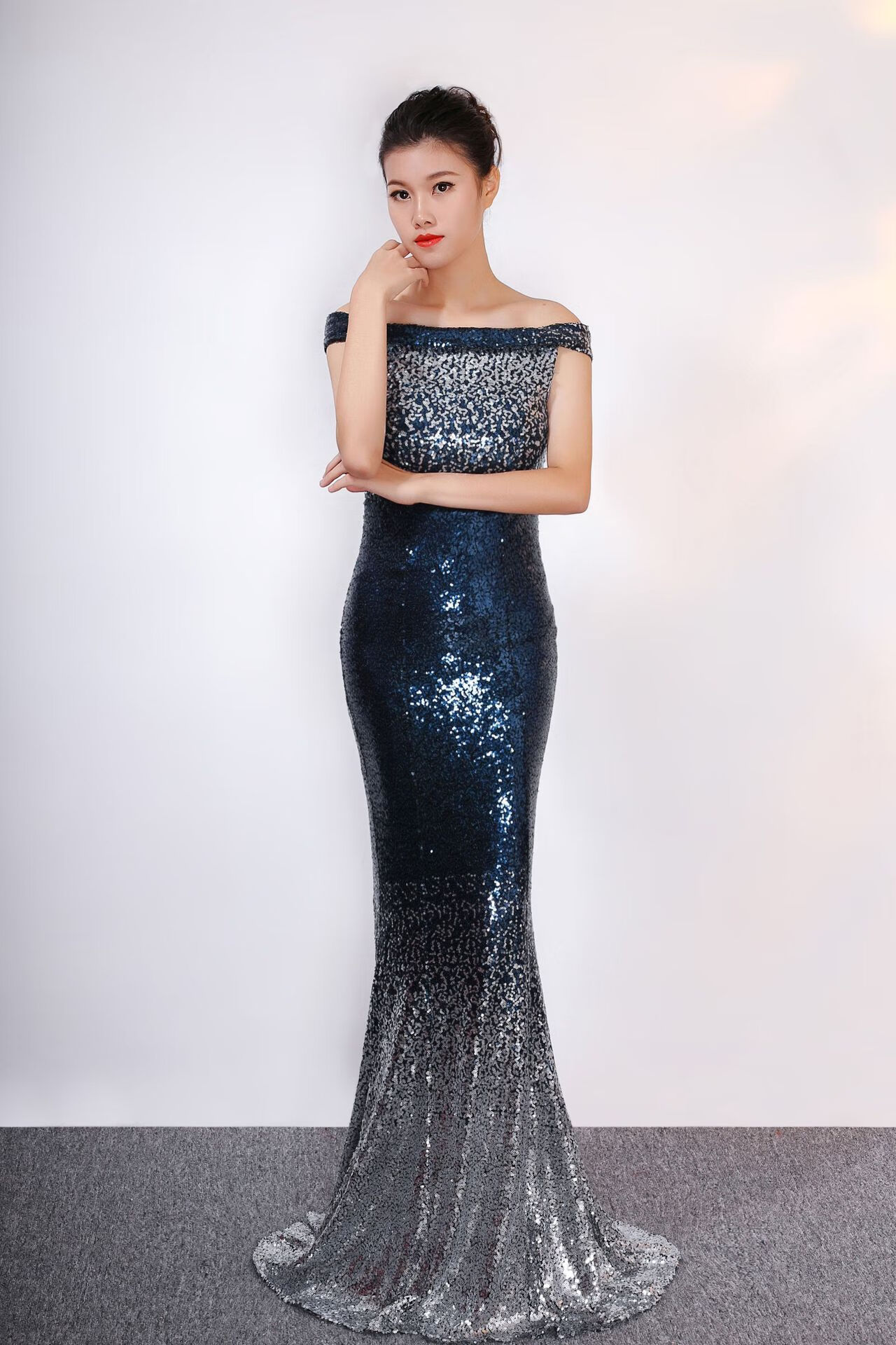 ktv07161渐变珠片长款修身鱼尾高贵时尚宴会年会主持人连衣裙孔雀蓝s