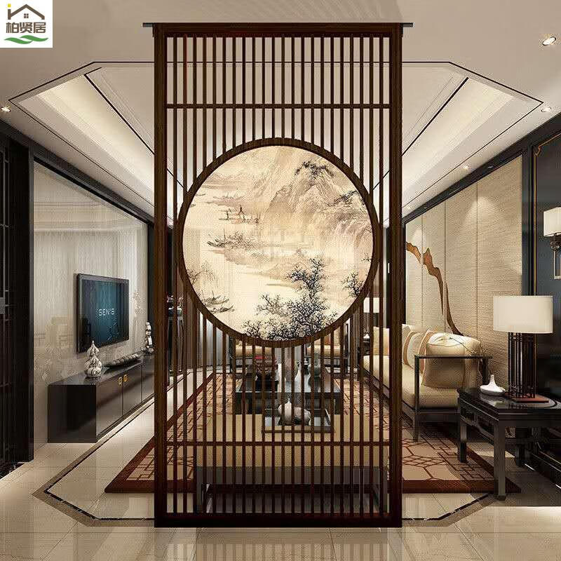 柏贤居新中式实木屏风隔断墙客厅遮挡进门入户玄关办公室茶室现纱画座