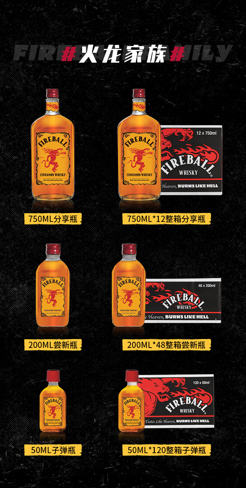 正品fireball火龙肉桂味威士忌33度加拿大进口洋酒威士忌50ml6