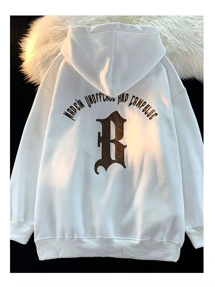 兰奥加绒美式高街印花连帽卫衣女2022秋季新款宽松上衣潮 白色加绒