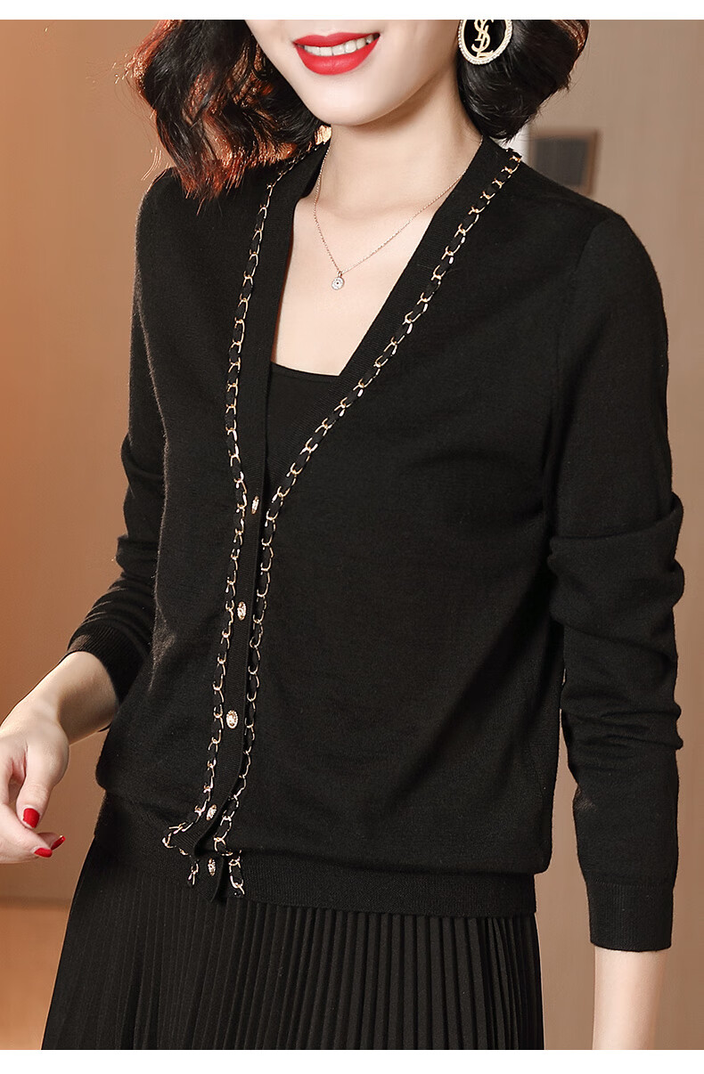 鹿歌2021秋季新款v领外搭针织开衫外套长袖羊毛衫复古黑色毛衣女秋装