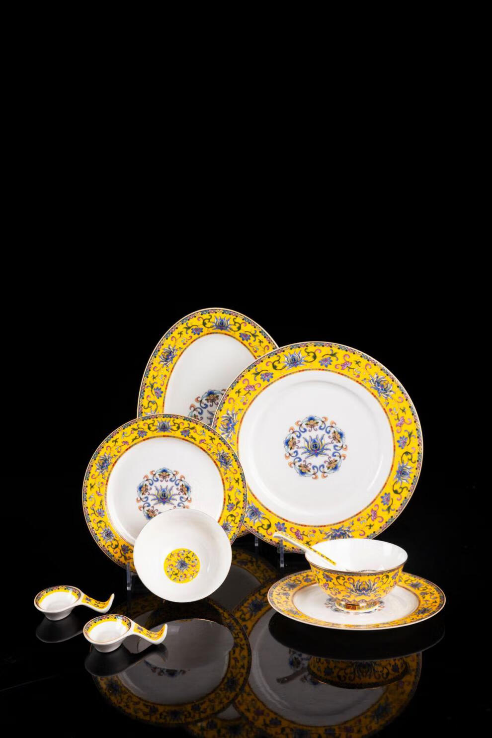 勤凯碗碟家用套装景德镇珐琅彩餐具套装中式碗盘组合黄色珐琅彩56头