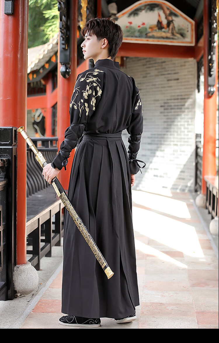 尤克达蒂原创汉服男古装帅气武侠风表演戏服学生演出团服大码套装黑色