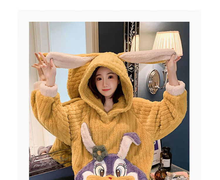 女士睡衣睡衣女冬季女年兔子秋季珊瑚绒加厚加绒法兰绒网红风白色995