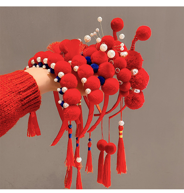 红色蝴蝶结流苏发箍女新年喜庆发财风头箍汉服古风发卡发饰1铜钱蝴蝶