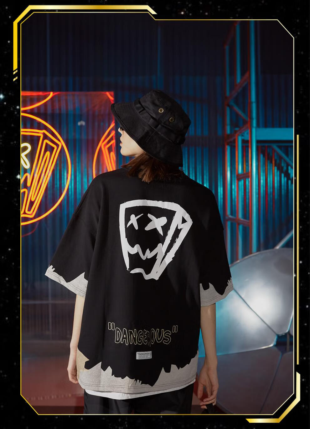 dangerouspeople薛之谦dsp纸袋人粉浆印圆领绣花短袖t恤黑色s