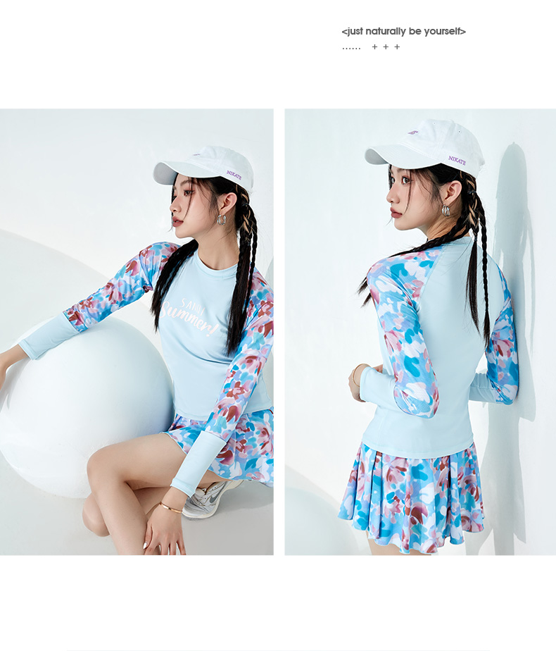 三奇泳衣女长袖运动风学生保守分体裙式时尚印花带胸垫防晒游泳衣