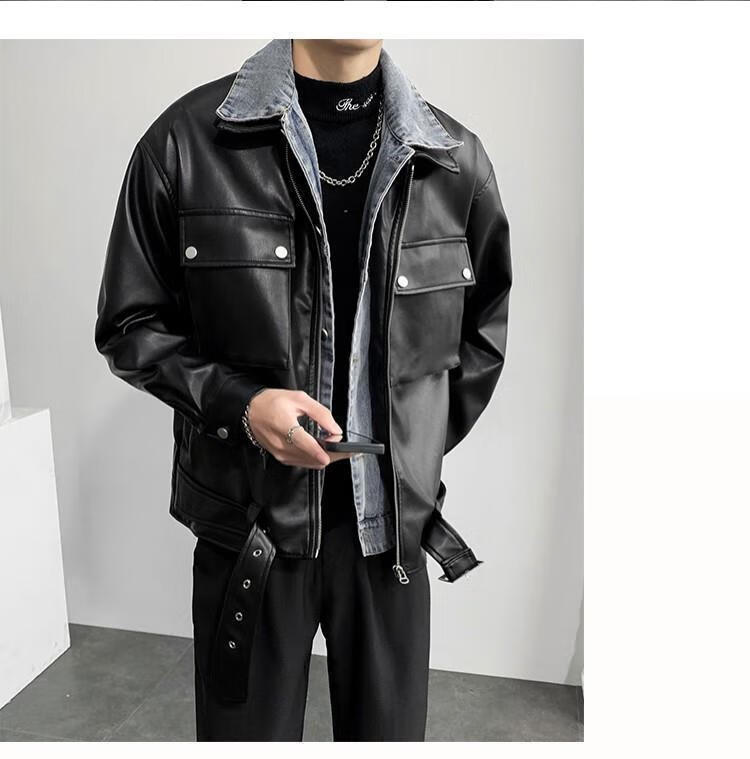 比琳姆牛仔拼接机车皮衣男春秋季2022新款宽松休闲假两件男士皮夹克