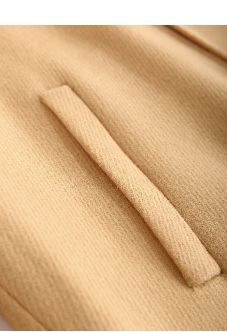 初棉奶酪黄斜纹粗纺学院风连帽双面呢大衣女中长款牛角扣毛呢外套黄格