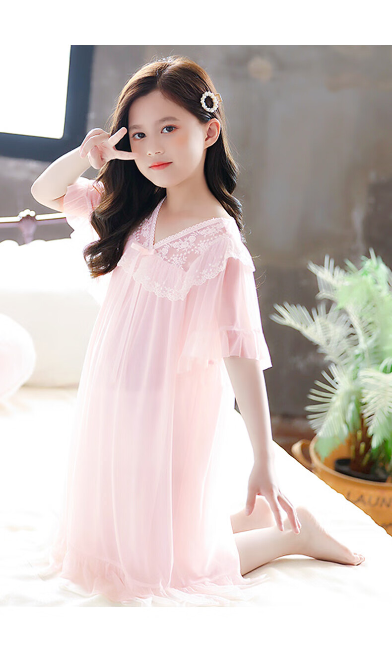 女童睡衣夏季儿童薄款短袖蕾丝莫代尔睡裙小女孩宫廷风子家居服白色