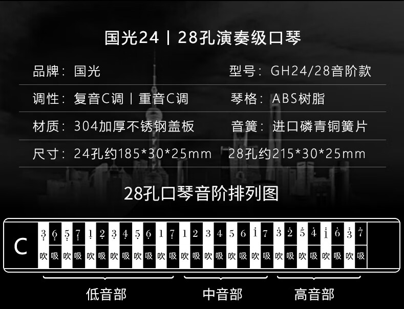 国光口琴半音阶 国光口琴24复音c调演奏级成人28重音男士初学者入门