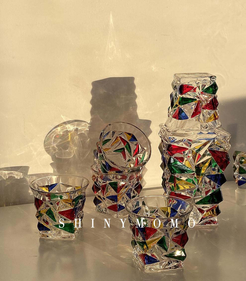 玻璃杯香槟红酒杯水杯冰块透明宝石纹理装饰杯现货手绘彩色玻璃瓶1个