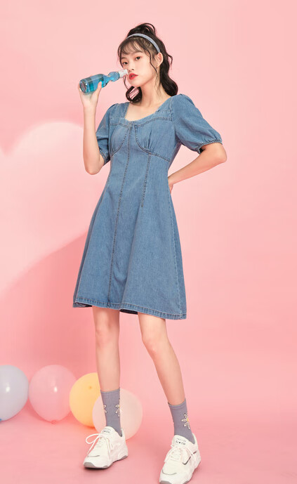 ief/爱依服复古牛仔连衣裙女高腰显瘦2020夏季新款洋气方领a字裙1408k