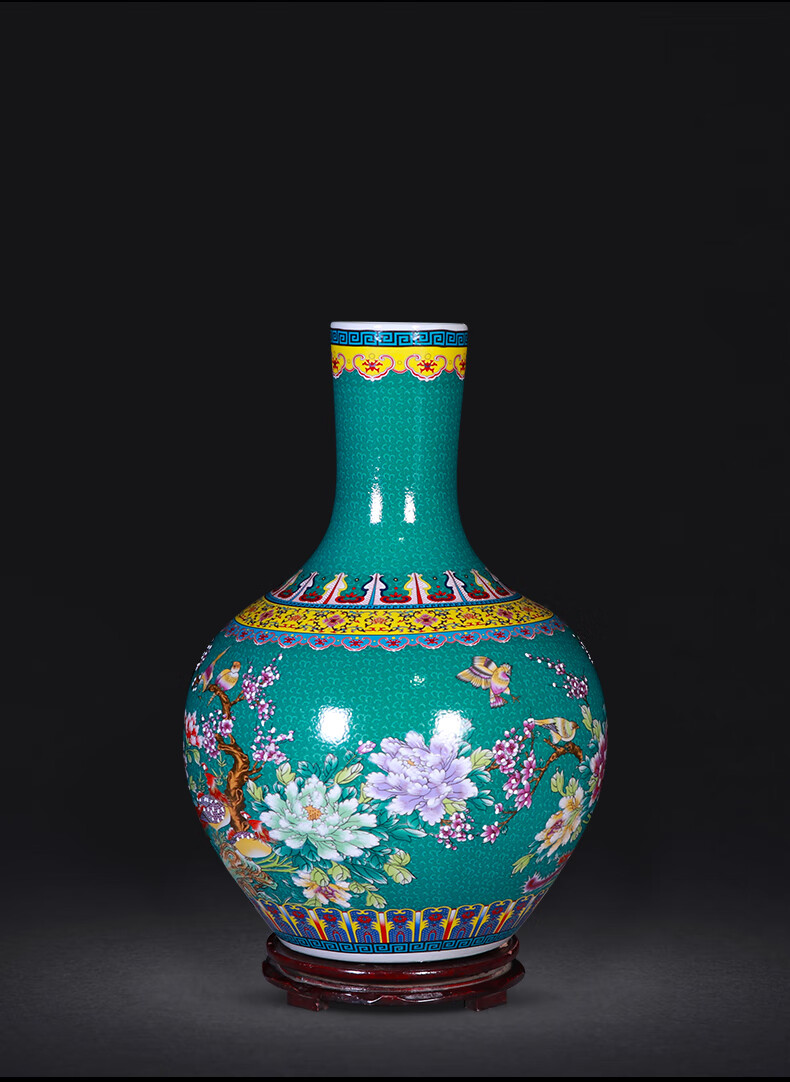 陶瓷大摆件大号天球瓶客厅插现代家居电视柜装饰品绿色百鸟朝凤天球瓶