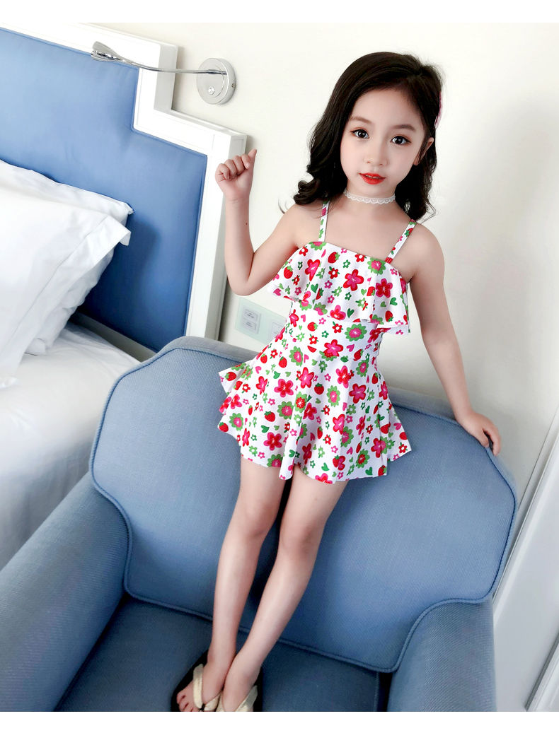 女童游泳衣儿童连体公主裙式泳衣可爱女孩幼儿中大童泳镜泳帽套装速干