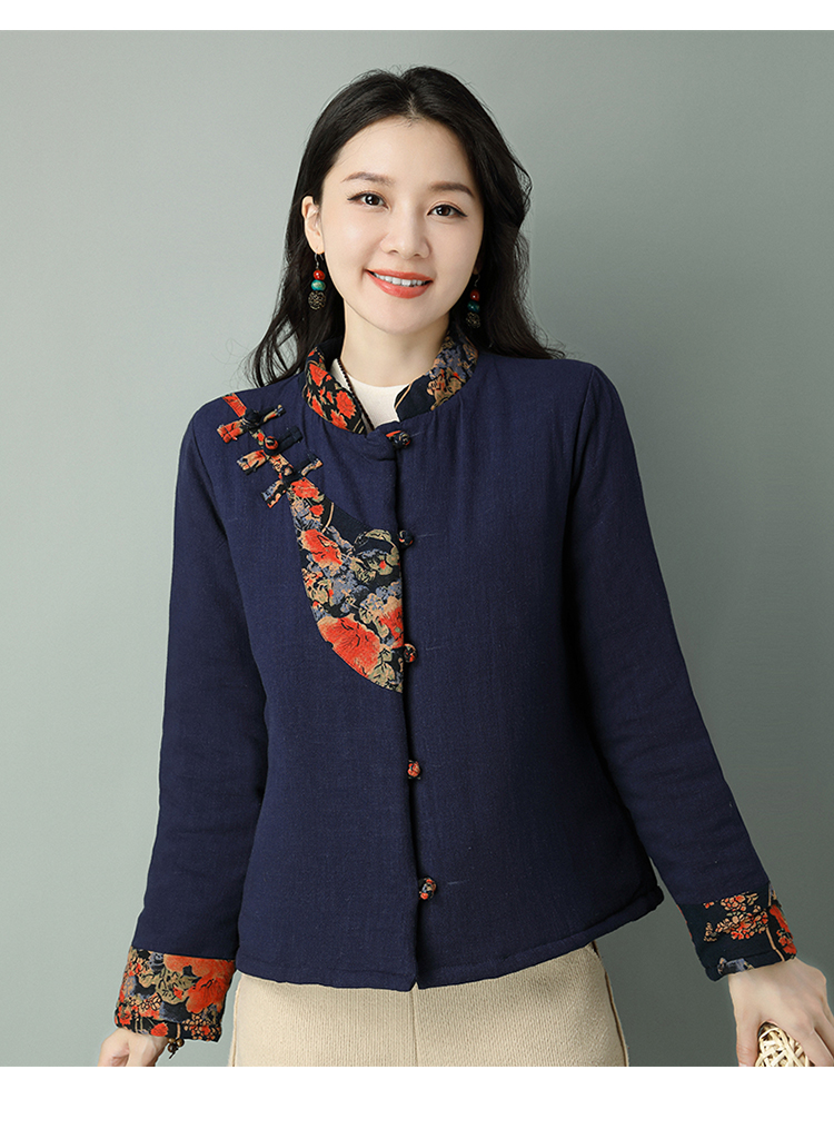 ぃ皮尔卡丹品牌高档女装棉服女冬季加厚复古盘扣棉麻唐装小棉袄女短款