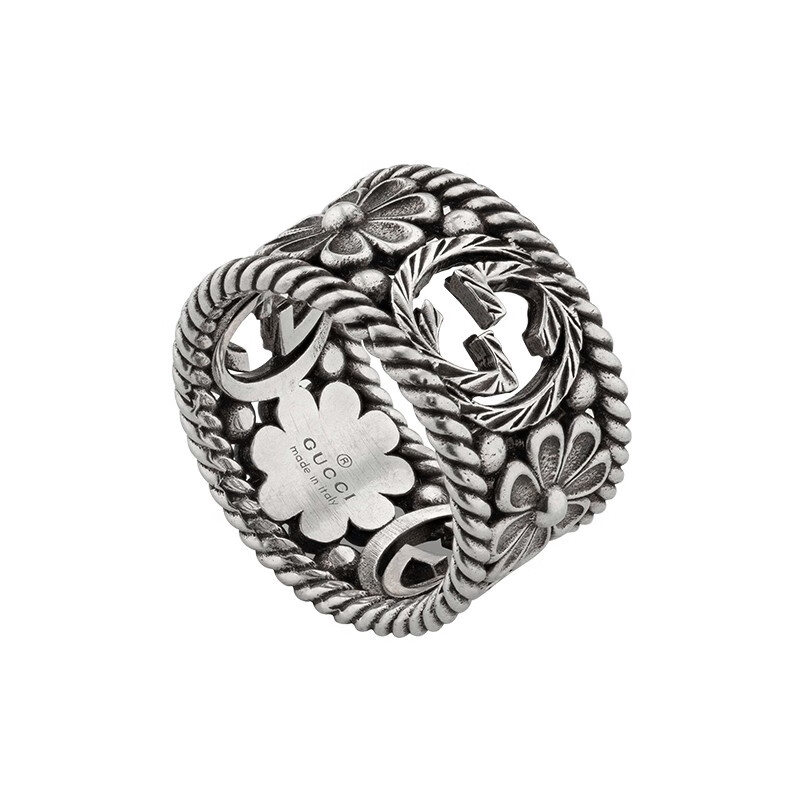 gucci古驰戒指女925银复古做旧双g带花朵标志戒指男ybc57727200101414