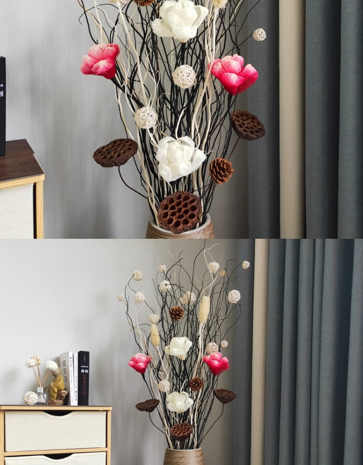 客厅干花干树枝装饰花陶瓷落地玄关家居花瓶插花叶脉花套装大摆件图9
