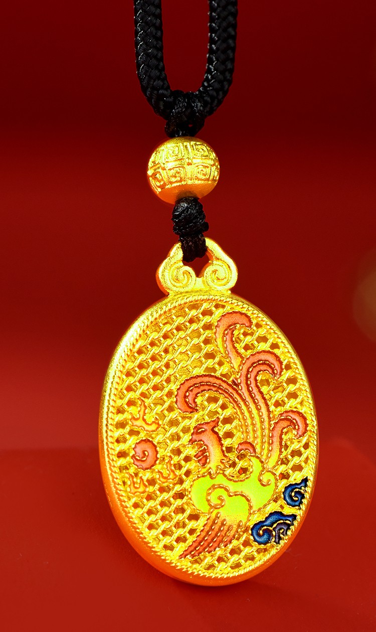 凤禧珠宝黄金吊坠足金项链女古法足金珐琅龙凤呈祥镂空吊坠送老婆妈妈