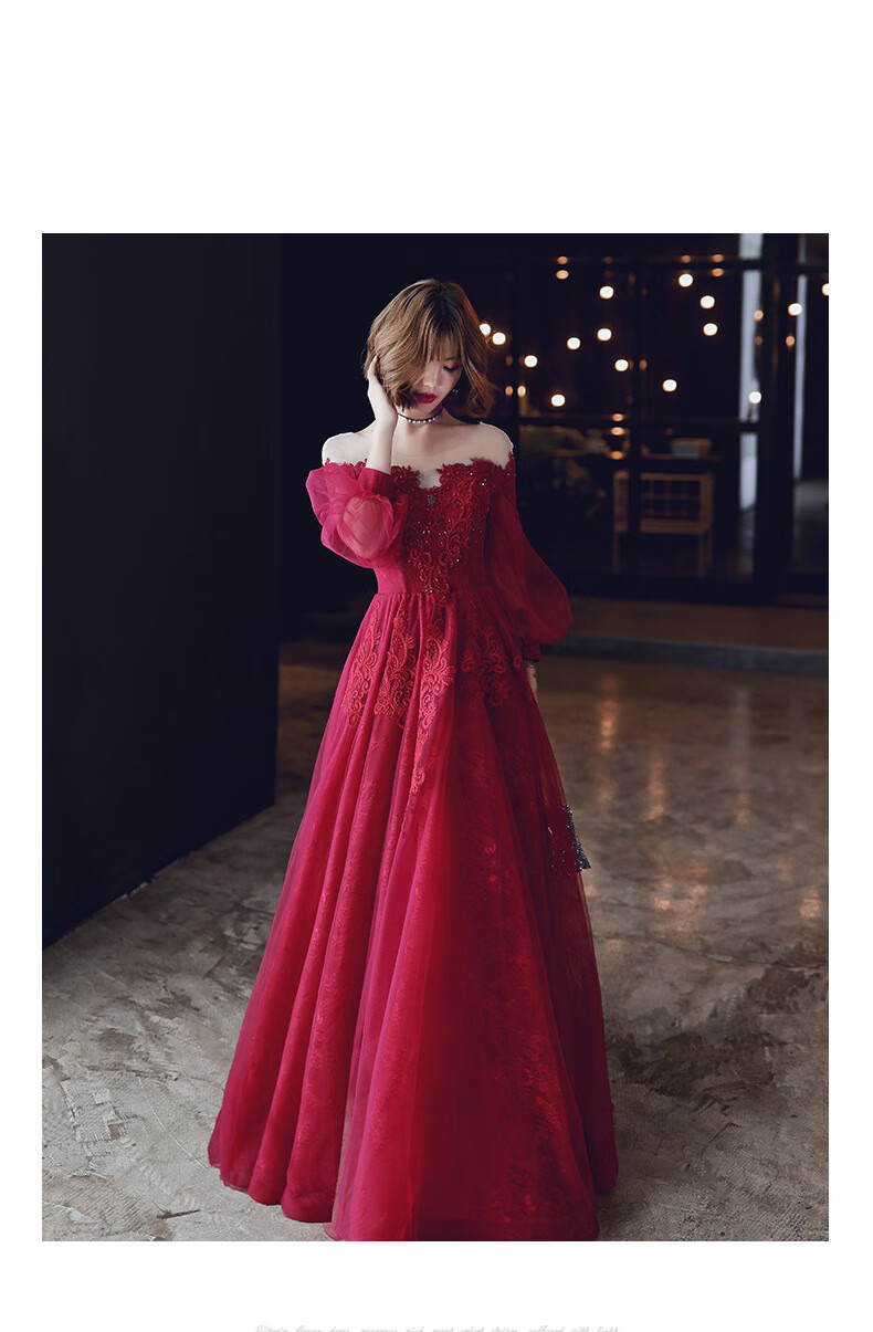 肚子敬酒服酒红色女新娘长款结婚气质一字肩订婚宴会晚礼服裙平时可穿