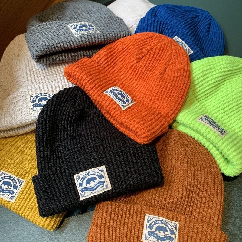 日系帽子贴布冷帽韩版潮秋冬保暖针织帽百搭休闲男女毛线帽 英文款