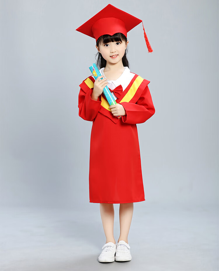 园小学毕业照服装学士服毕业礼服拍照衣服博士帽子 加强纸板-红领整套