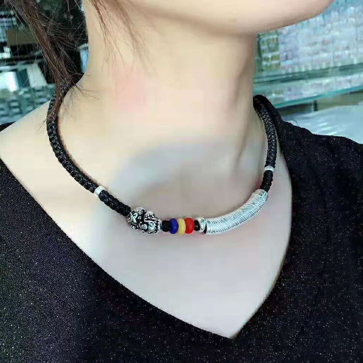 手工银925足银项链项圈大号弯管路路通女款锁骨链拉丝银项圈网红星愿