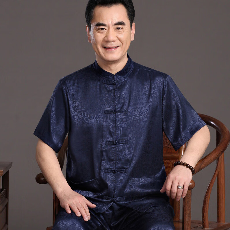 探阅夏季男士中老年唐装丝绸短袖男套装宽松大码冰丝中国风汉服老人
