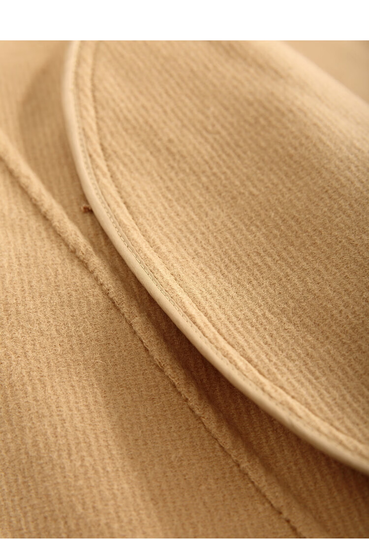 初棉奶酪黄斜纹粗纺学院风连帽双面呢大衣女中长款牛角扣毛呢外套黄格