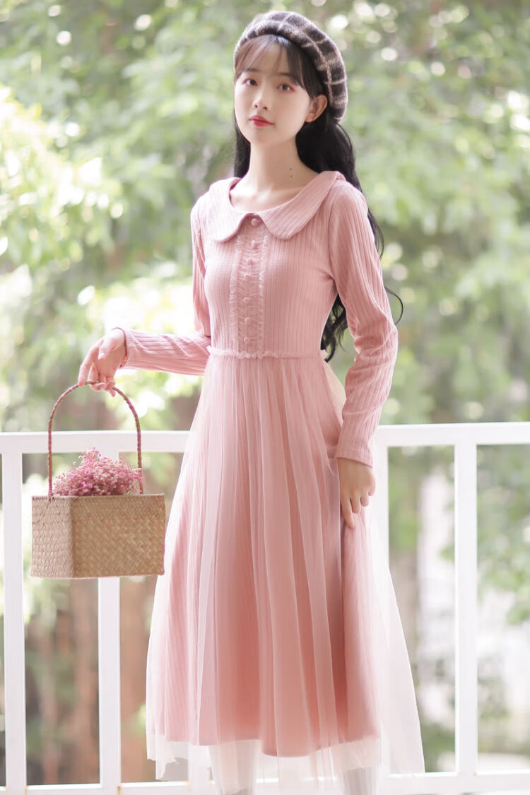 澳利西网纱裙子少女秋冬装2020新款初中高中学生韩版修身长裙长袖