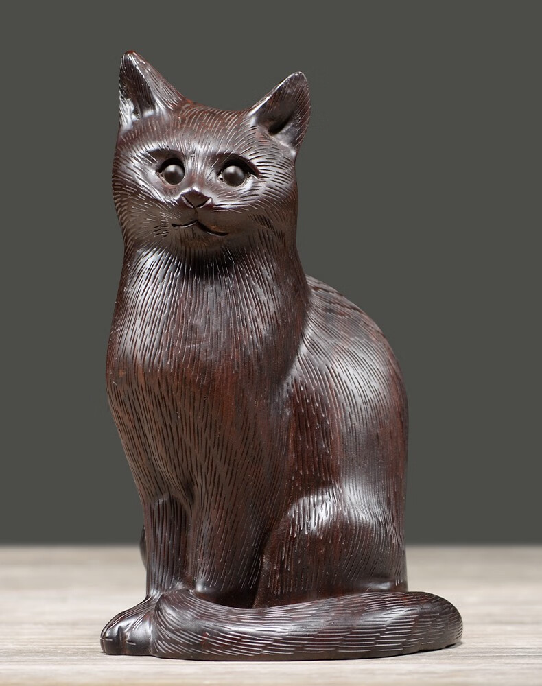 御大师黑檀木雕猫可爱实木创意客厅装饰动物红木雕刻桌面猫咪摆件工艺