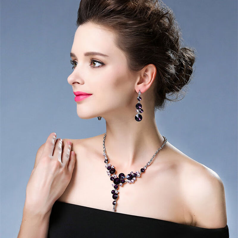装饰项链短款女个性欧美紫色水晶锁骨链耳环套装晚礼服挂件毛衣链 11