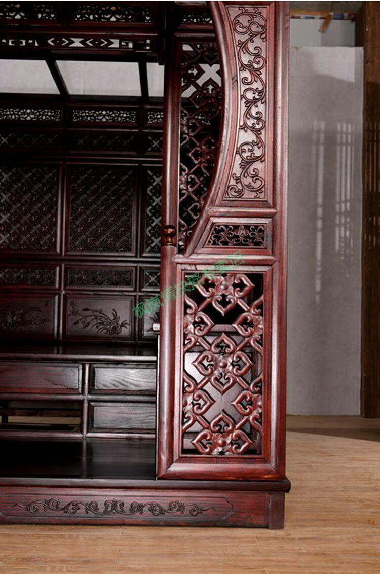 床铺实木老式仿古典架子床千工踏步床红雕花榆木复古代四柱床 二面