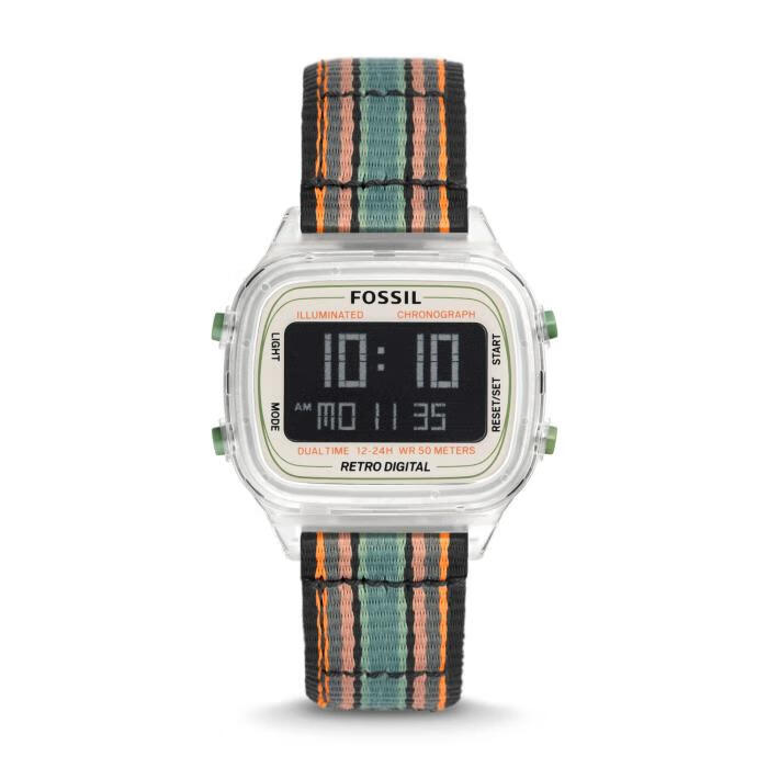 fossil化石男士手表电子表数字透明方形40mm防水50m尼龙表带复古休闲