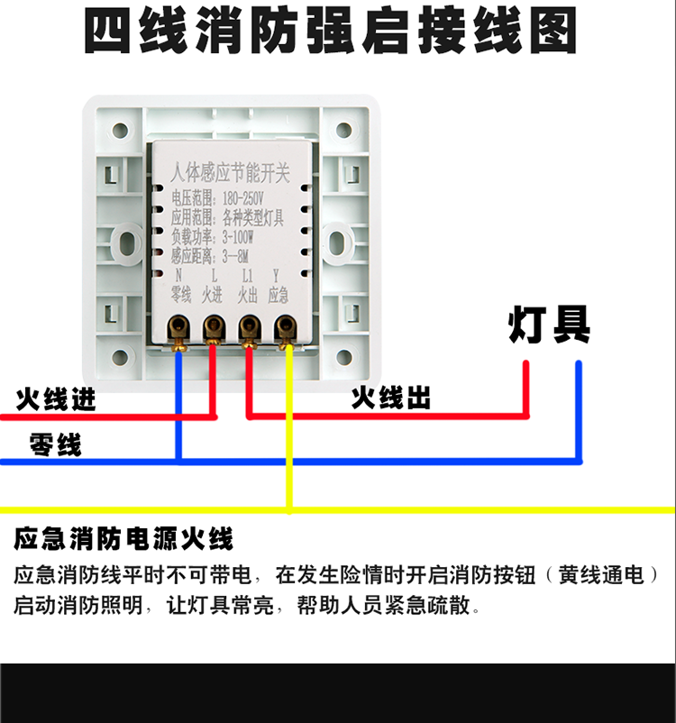 感应开关楼道86型4线大功率带强启应急延时红外人体感应开关t7