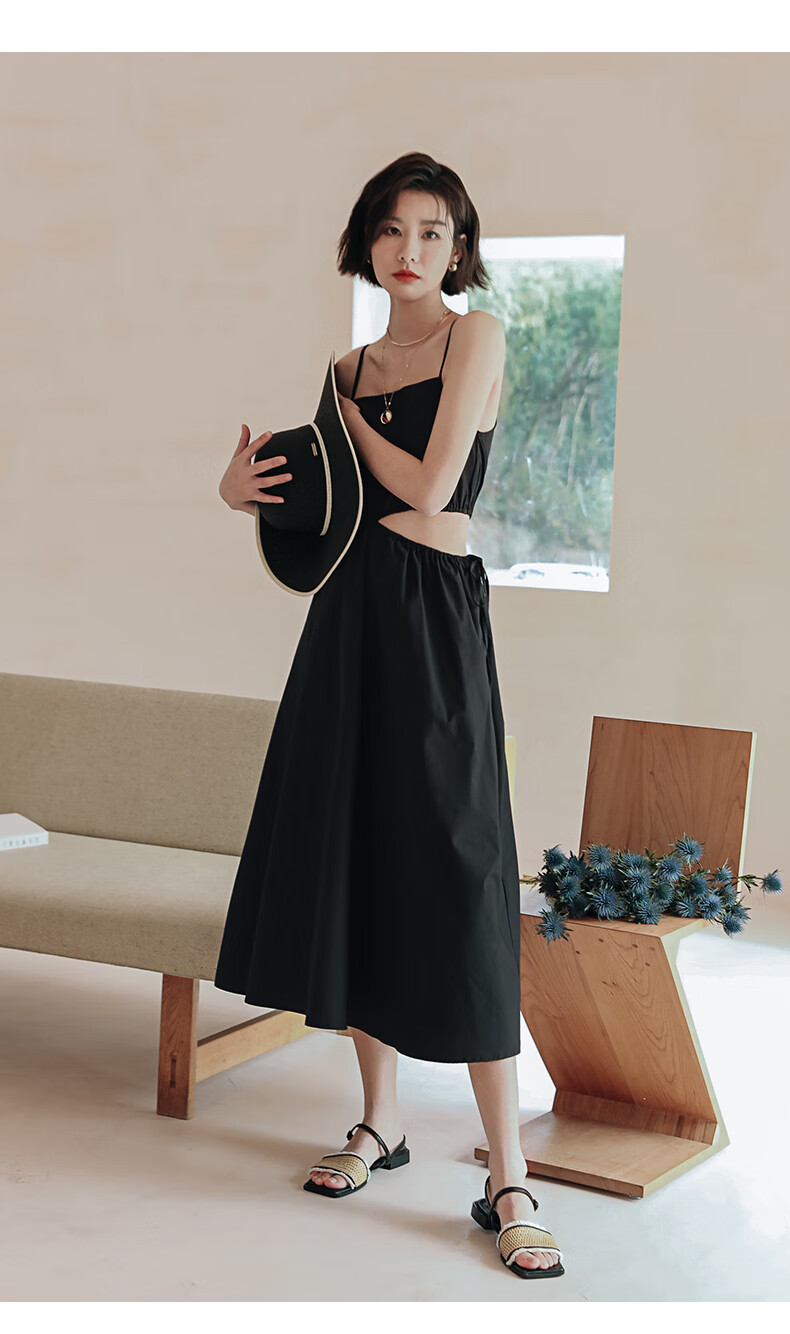 弥古一字领吊带裙女春夏黑色设计感镂空露腰连衣裙赫本风小黑裙子冷调