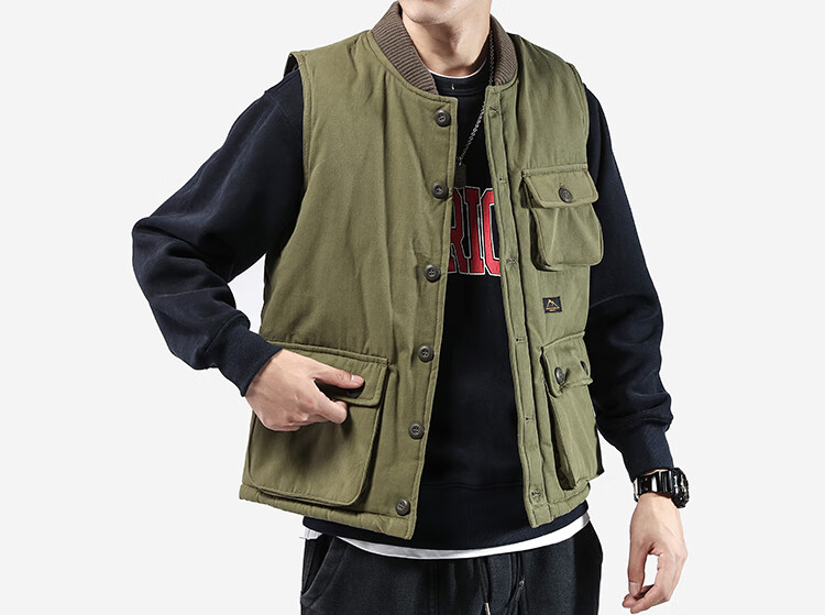 吉普(jeep)马甲男日系工装棉马甲男秋冬季立领宽松坎肩美式复古棉背心