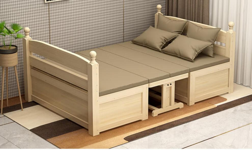 北欧风实木沙发床两用带书桌多功能实用推拉小户型升降沙发床客厅清漆