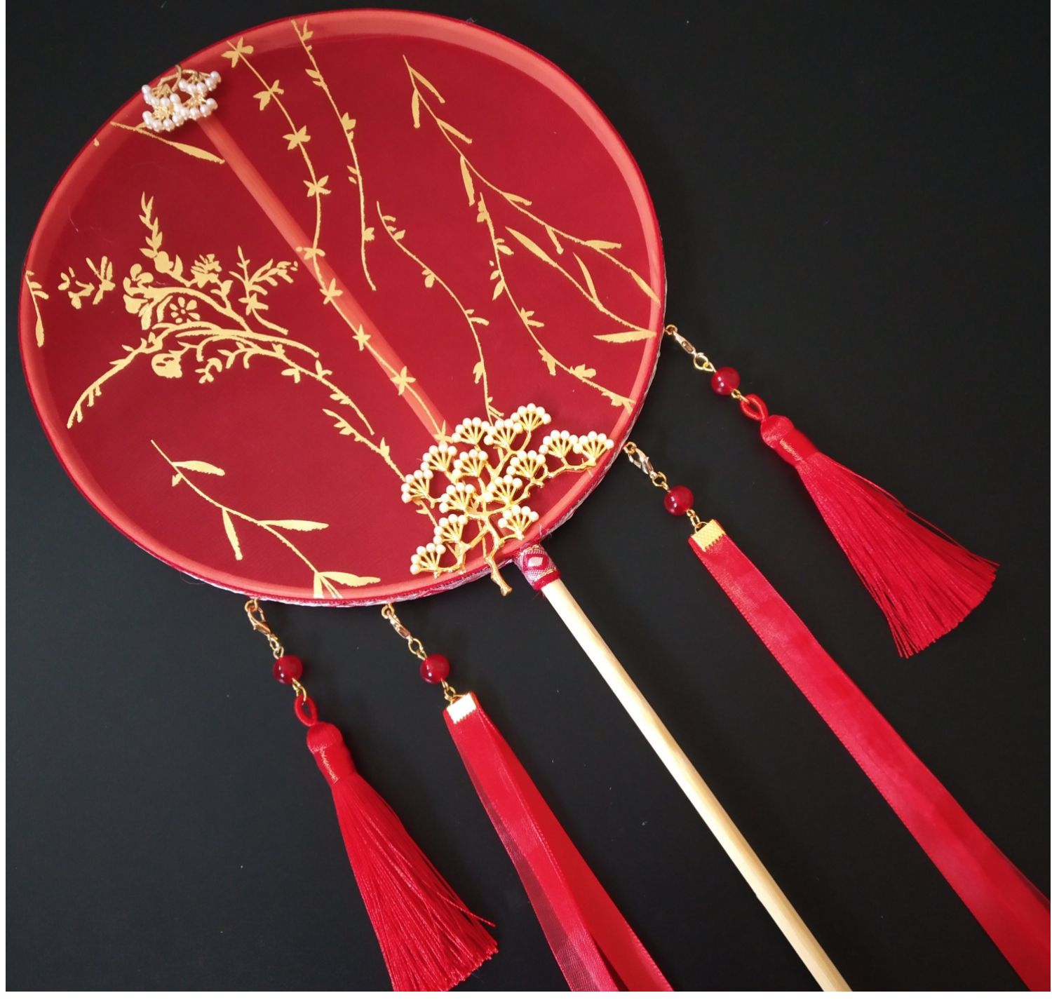 妙之锦长柄古风团扇宫扇圆扇中国风古典汉服广场跳舞烫金古装女扇子