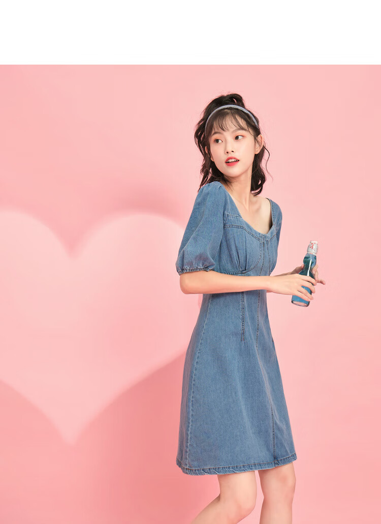 ief/爱依服复古牛仔连衣裙女高腰显瘦2020夏季新款洋气方领a字裙1408k